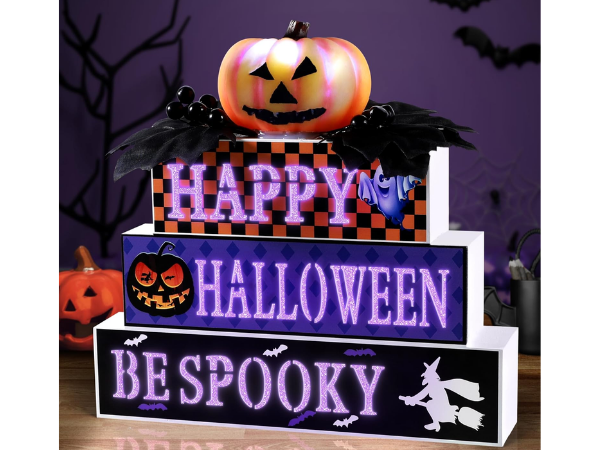 Halloween Lighted Wood Block Sign